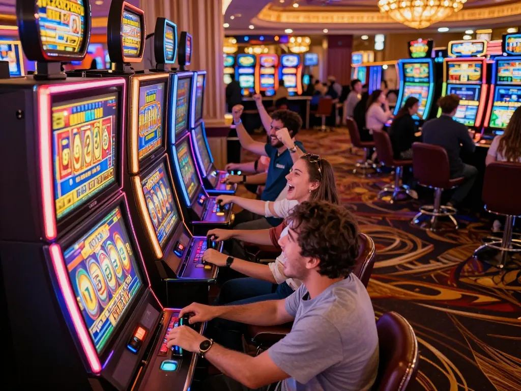 Players engage with superjp slot machines, celebrating wins in a vibrant casino atmosphere.