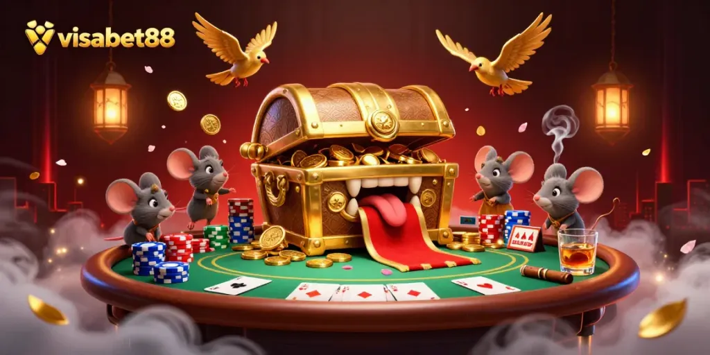 Engage in immersive gaming experiences with visabet88, featuring treasure chests and poker action.