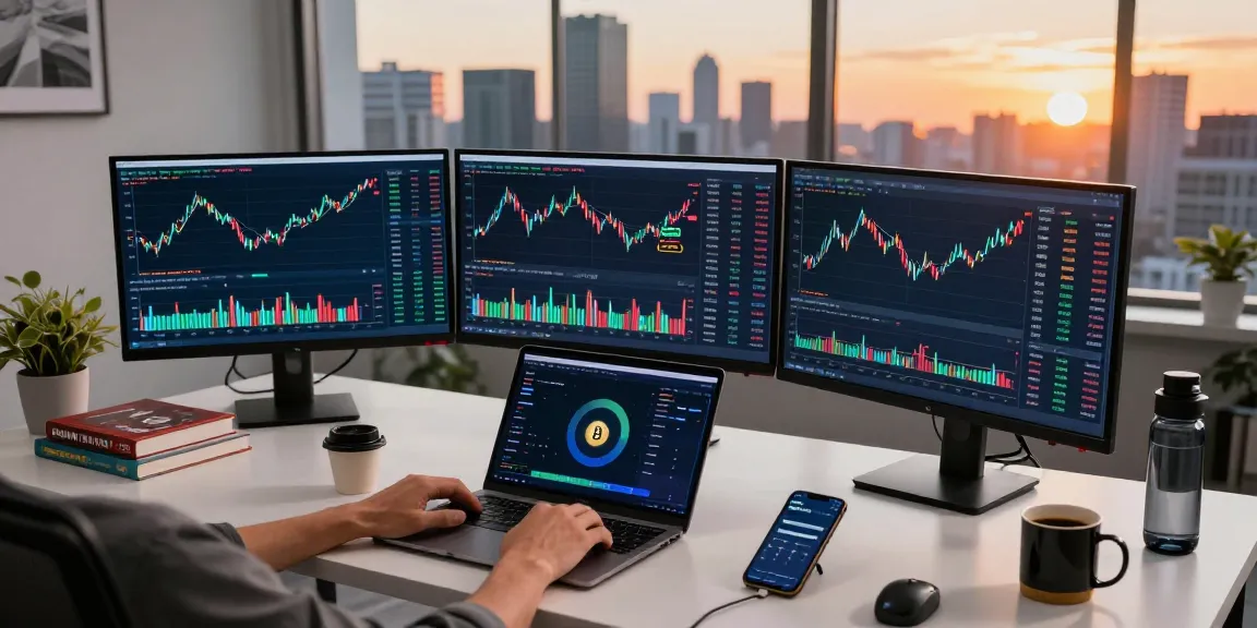 Cloud mining provider workspace with crypto charts, digital wallet, and trading tools in modern office setting.