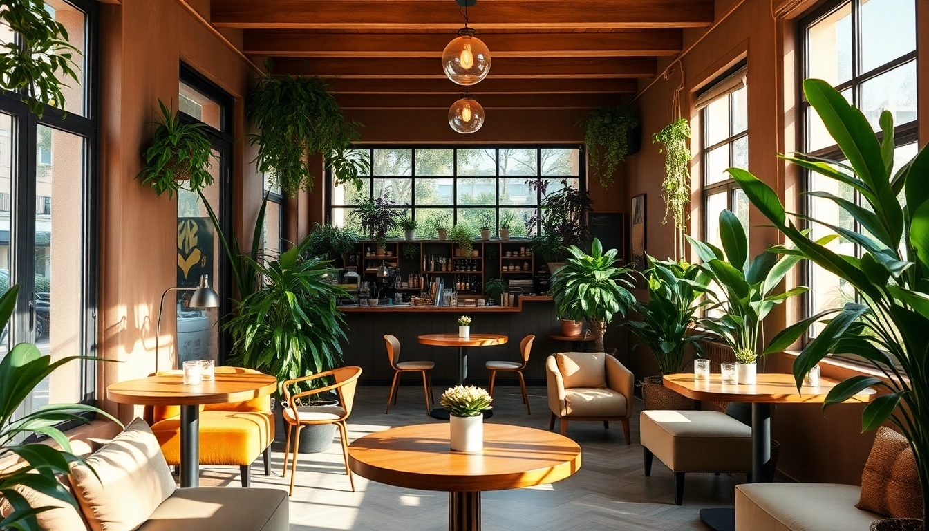 Enjoy the vibrant atmosphere of the Coffee Shop Lloret de Mar with cozy seating and plants.