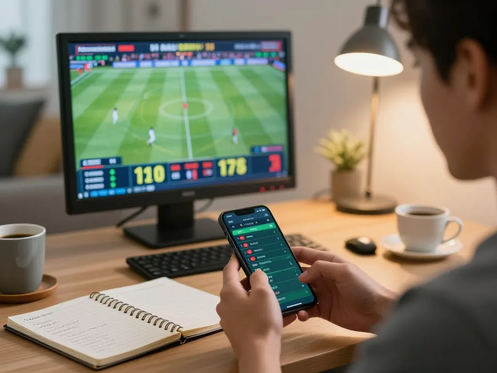 Betting on live sports using rr88 app in a comfortable home office.