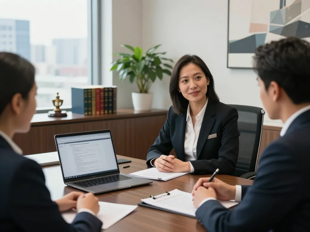 USA lawyers consulting with clients in a modern legal office setting.