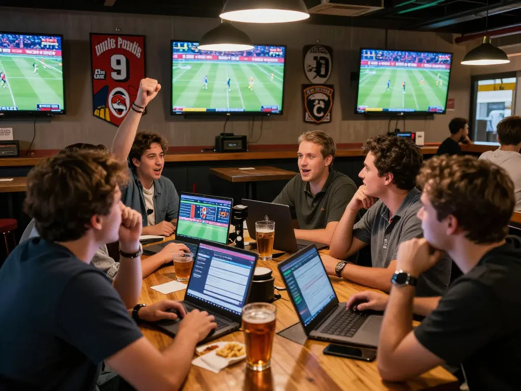 Engaged bettor analyzing live sports events while placing sv368 bets at a bustling venue