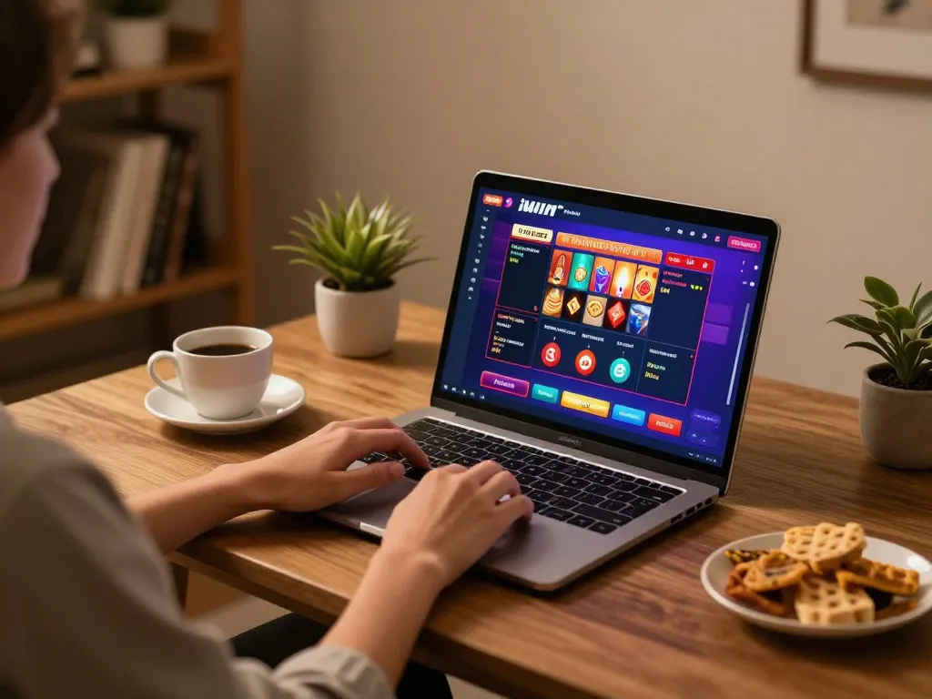 Engaged player enjoying iWin casino games on a cozy laptop setup with snacks.