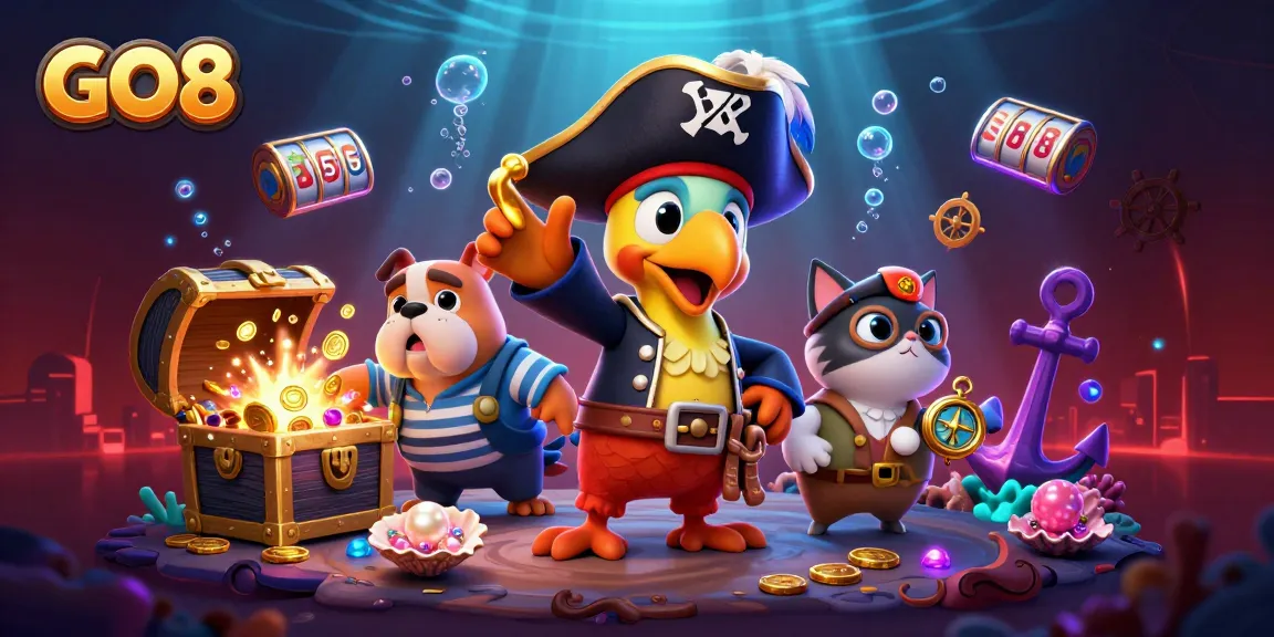 Experience the excitement of GO8 with vibrant slot reels and treasure in this captivating scene.