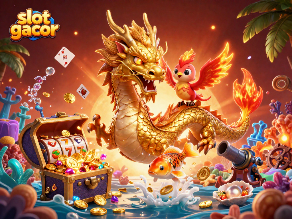 Experience the thrill of slot gacor with a golden dragon, phoenix, and koi fish amidst coins and slot machine elements.