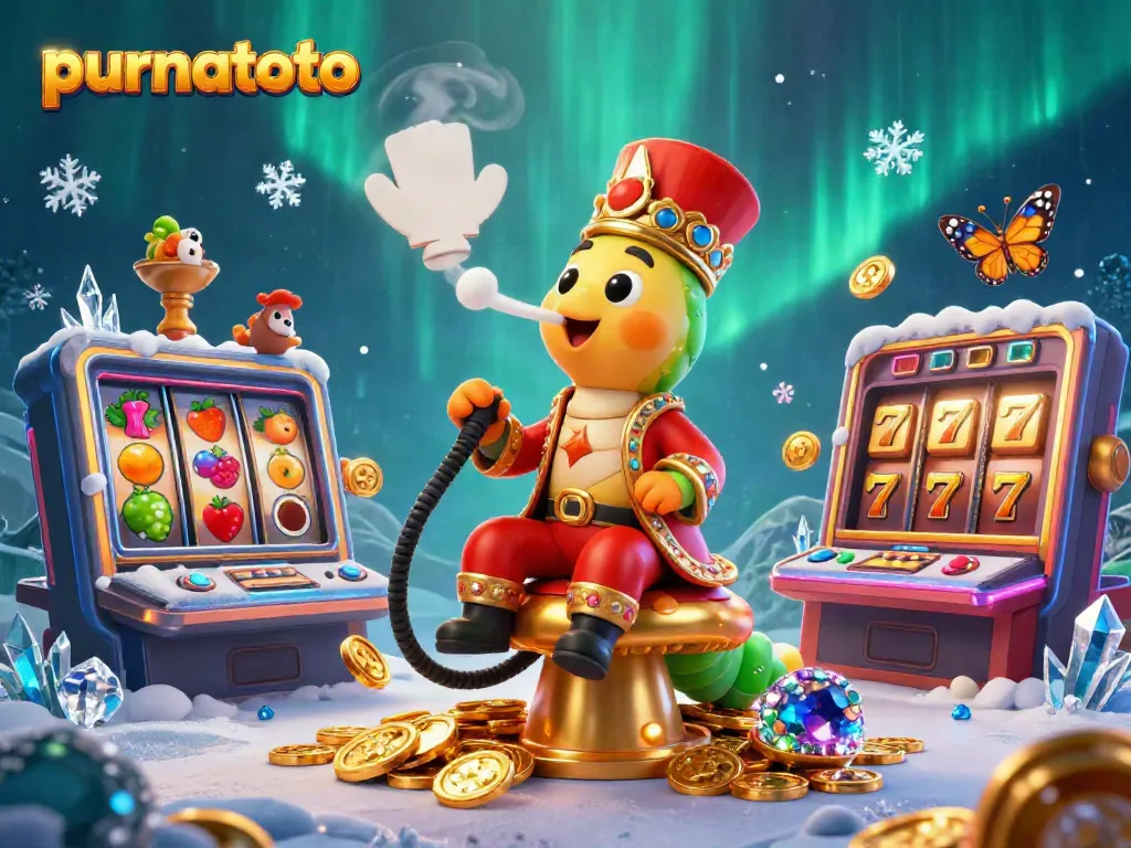 Purnatoto menampilkan slot gacor yang memukau dengan karakter unik dalam suasana kasino yang penuh warna.