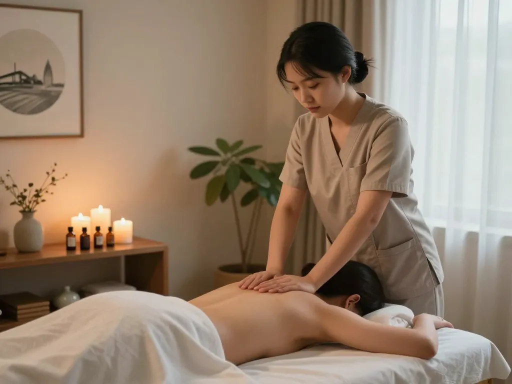 Enjoying 출장 massage therapy in a serene home setting for relaxation.