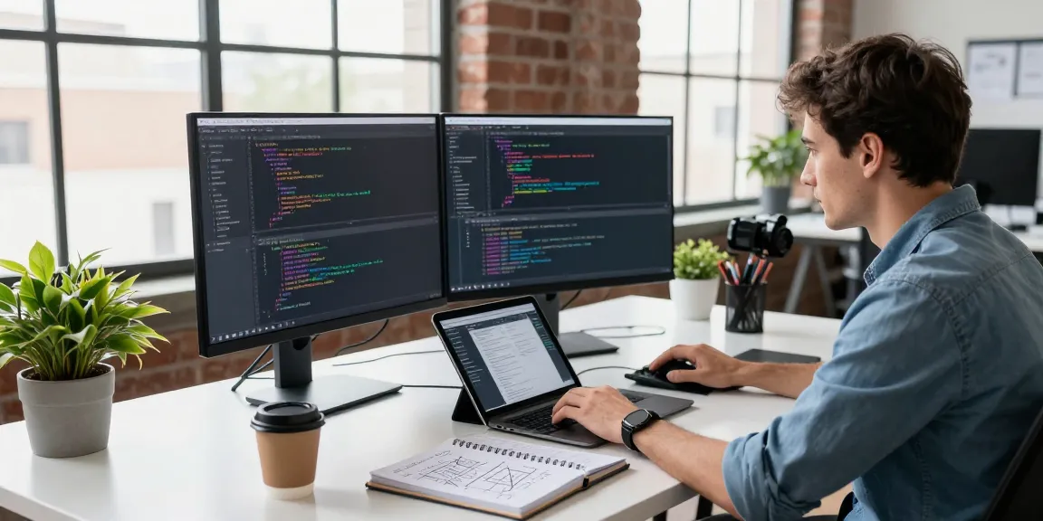 Engaging tech workspace with a developer coding on multiple screens, featuring 纸飞机中文版 on display.