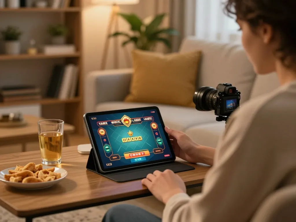 Player engaged in an online white label casino game on a tablet in a cozy home environment