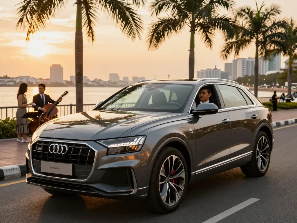 cho thuê xe ô tô hạng sang Audi Q8 đậu một cách thanh lịch bên bờ sông với một tài xế chuyên nghiệp, thể hiện sự sang trọng và thoải mái.