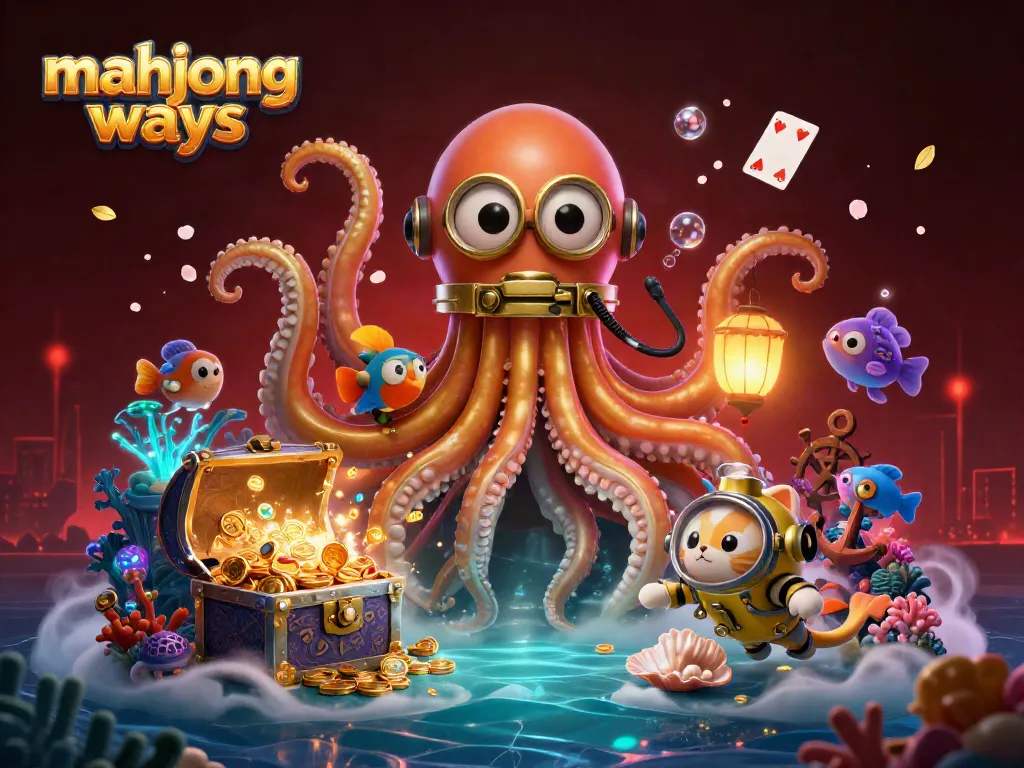 Experience winning with Mahjong Ways in this vibrant 3D scene featuring a kraken and diving cat.