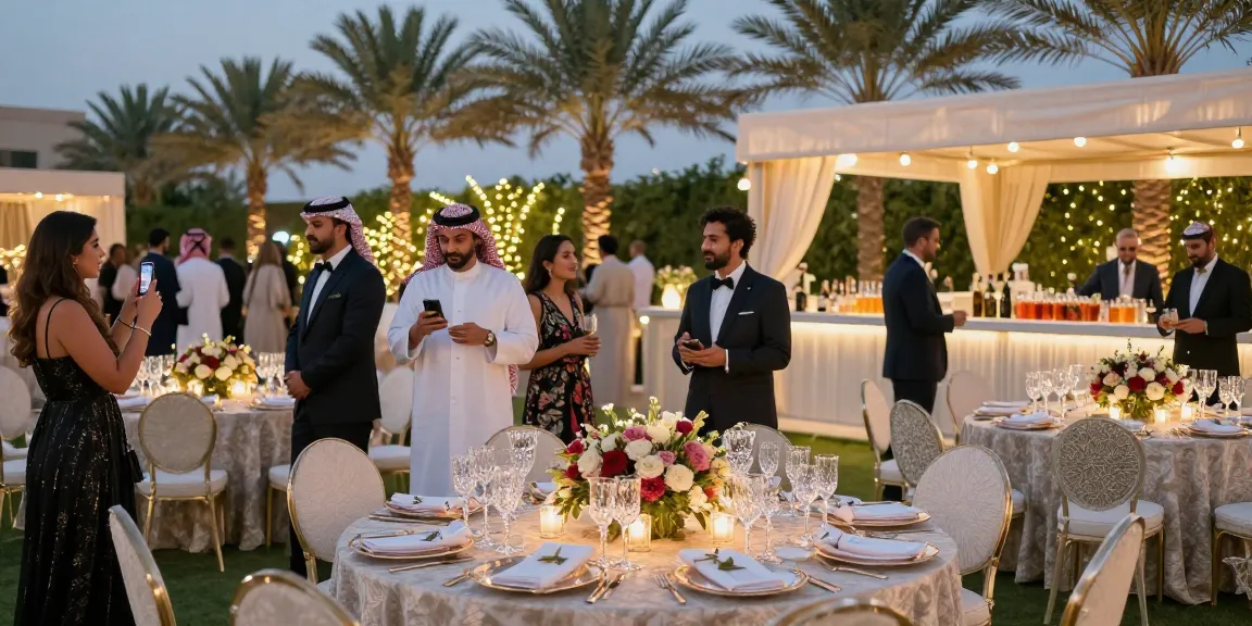 Event rentals outdoor setup in Saudi Arabia with elegant decorations and lighting.