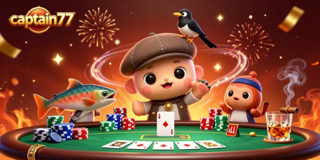 captain77 showcases an immersive gambling scene with cartoon characters, poker elements, and vibrant visuals.