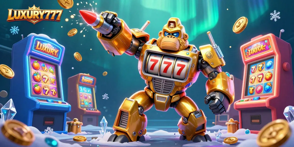 Meraih jackpot dengan LUXURY777, karakter gorila emas memukau penuh simbol permainan slot dan koin yang berkilau.