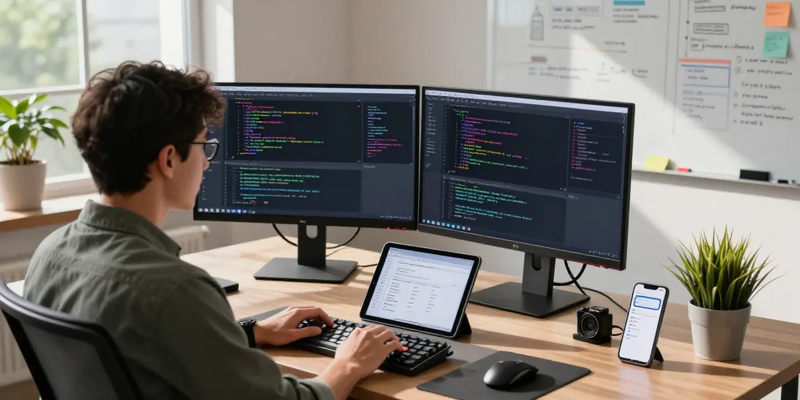 Intuitive coding workspace with developer reviewing code on dual monitors at telegramin-cn.com.