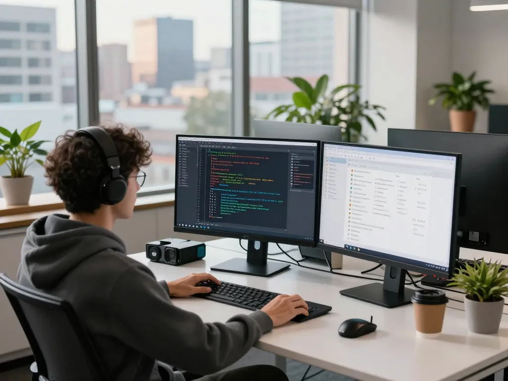 Moltbot software developer coding on multiple screens in a vibrant workspace, showcasing productivity and innovation.