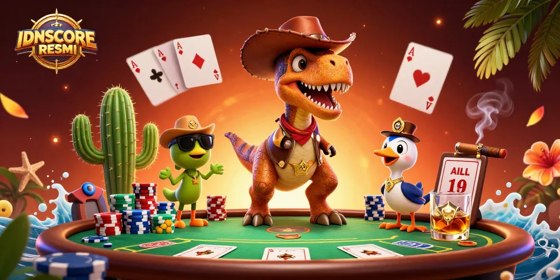 Engage in thrilling action with IDNSCORE RESMI at the lively poker table with playful characters and vibrant casino elements.