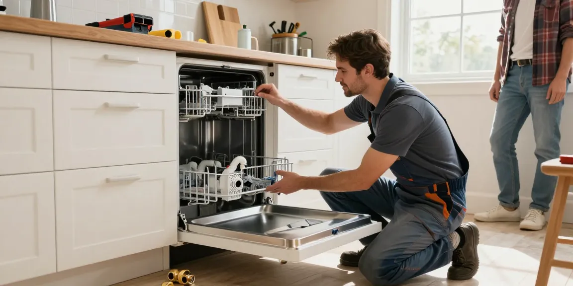 Dishwasher installation in a home kitchen, technician aligning the unit with cabinets.