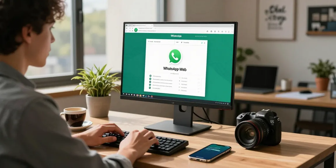 Young professional using WhatsApp網頁版 on a modern workspace, showcasing productivity and tech.