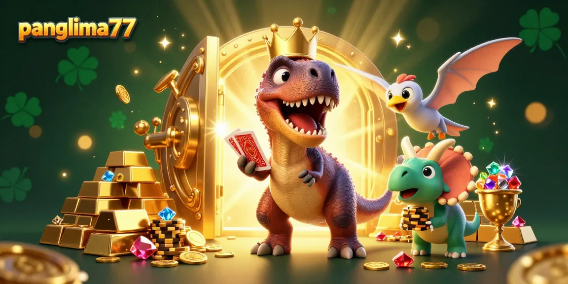 Experience the thrill of panglima77 with cartoon dinosaurs playing cards and stacking chips in a lively casino scene.