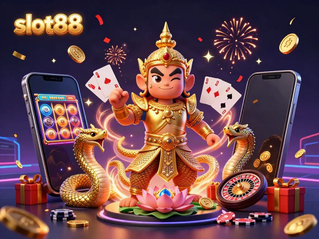 Experience slot88 excitement with a vibrant 3D scene featuring a guardian and Naga amidst golden coins.