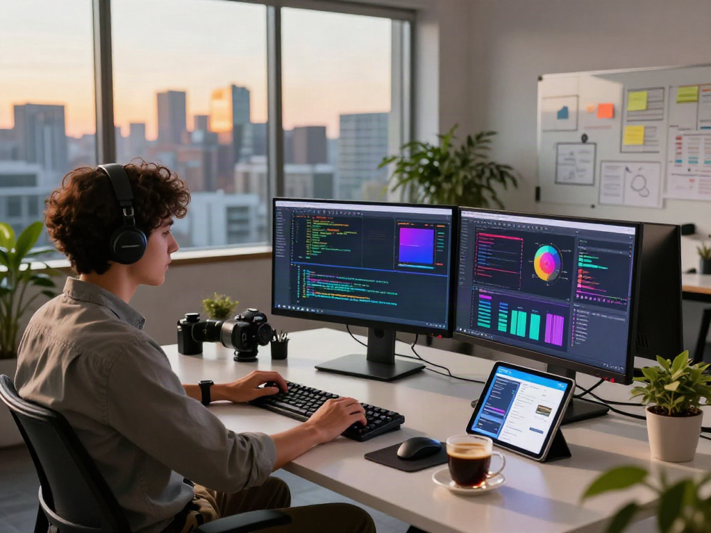 Unique bro138 software development workspace with code displayed on monitors and vibrant city view.