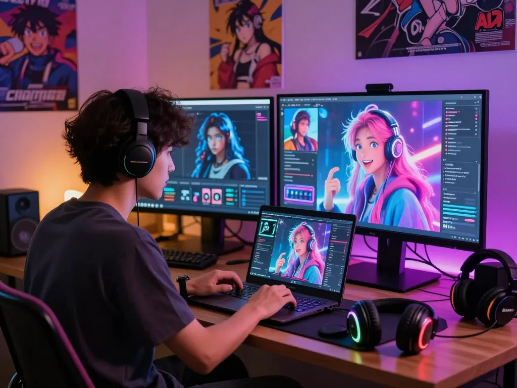 Engaging with AI character on laptop, crush on ai interaction in modern space.