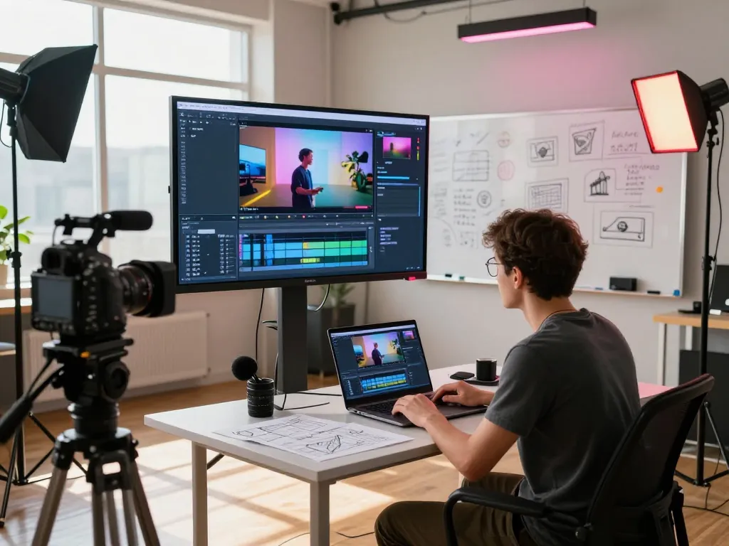 Content creator using video to prompt software in a dynamic studio environment.