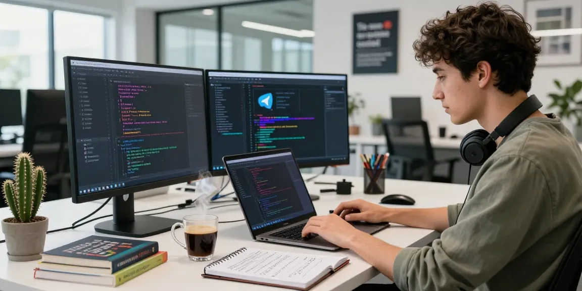 Focused developer coding Telegram's 纸飞机中文版 interface in a modern office.