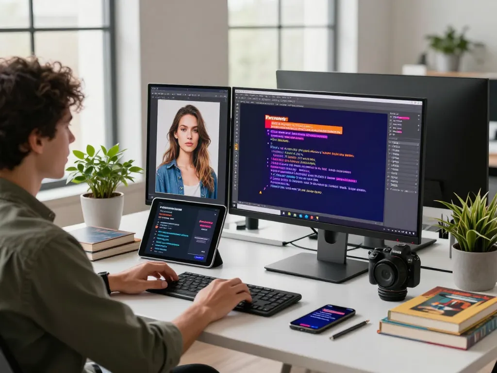 User generating AI prompts with image to prompt ai tool in a modern workspace, showcasing creativity and technology.