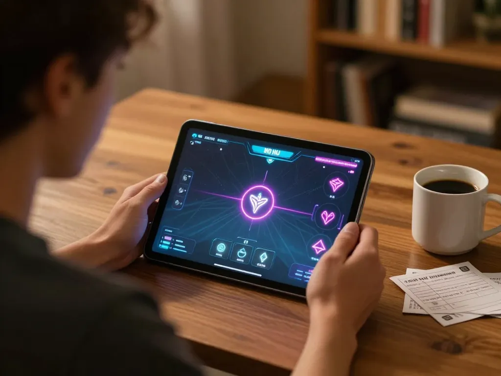 No hu online gaming session featuring a player engaging with slot game interface on tablet.