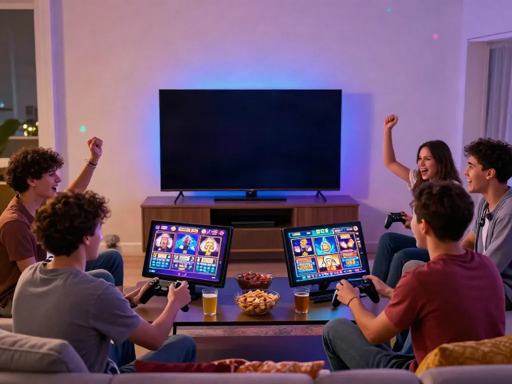 Friends enjoying an engaging slot gaming session in a cozy living room.