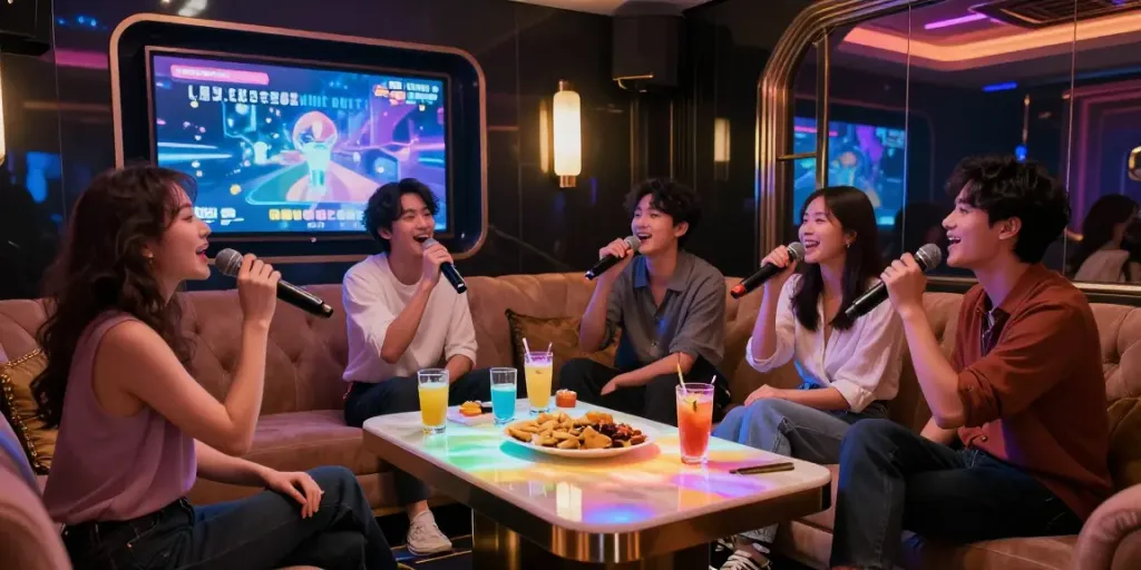 강남 달토에서 친구들과 즐거운 시간을 보내는 고급 카라오케 룸 모습