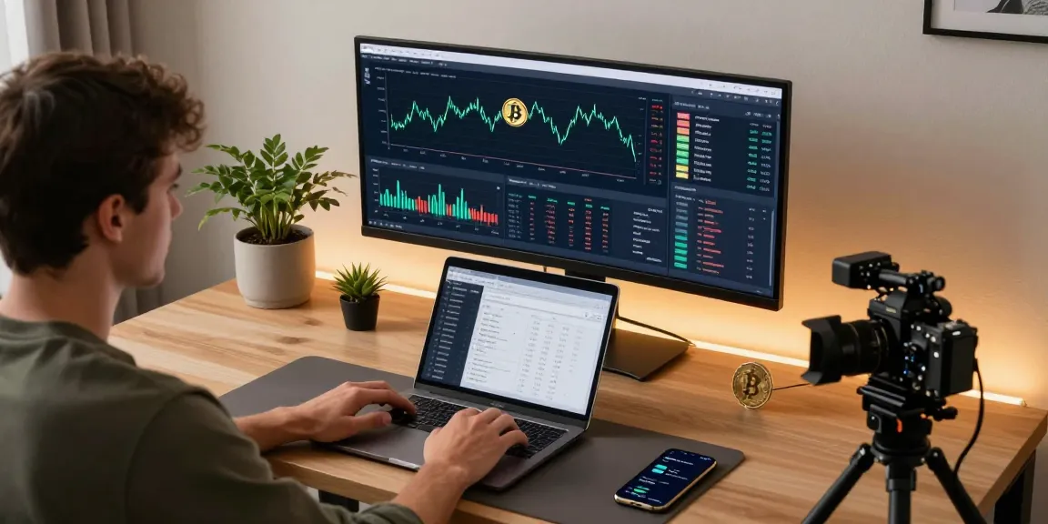 Sustainable bitcoin mining setup in a professional cryptocurrency workspace with multiple monitors, focusing on innovative blockchain technology.