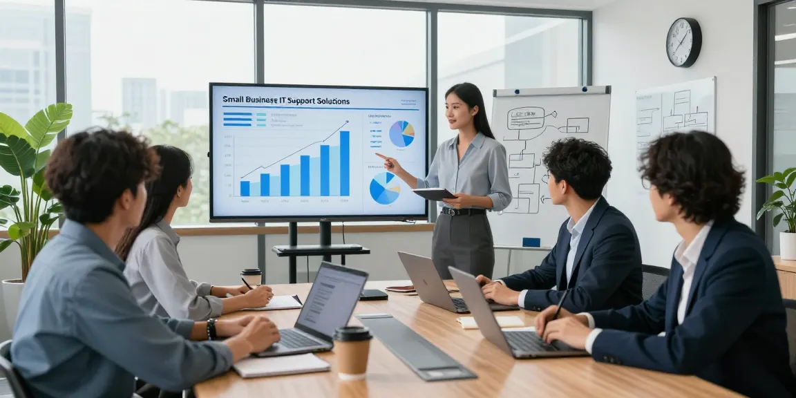 Team collaborating in a modern office discussing small business IT support solutions with visual data presentations.
