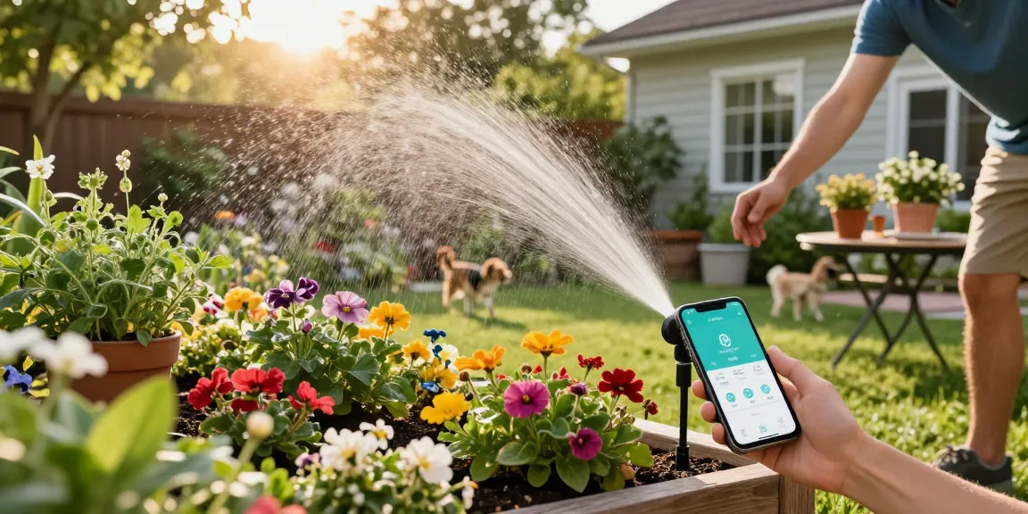Smart sprinkler in action watering colorful flower beds in a vibrant backyard.