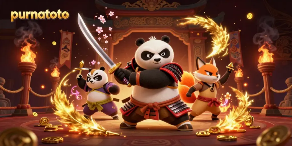 Purnatoto memberikan suasana pertarungan seru dalam ilustrasi 3D dengan karakter panda samurai dan rubah ninja.