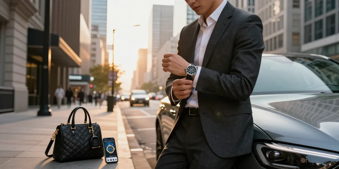 Fashionable individual adjusting a luxury replica watch against a city backdrop during golden hour.