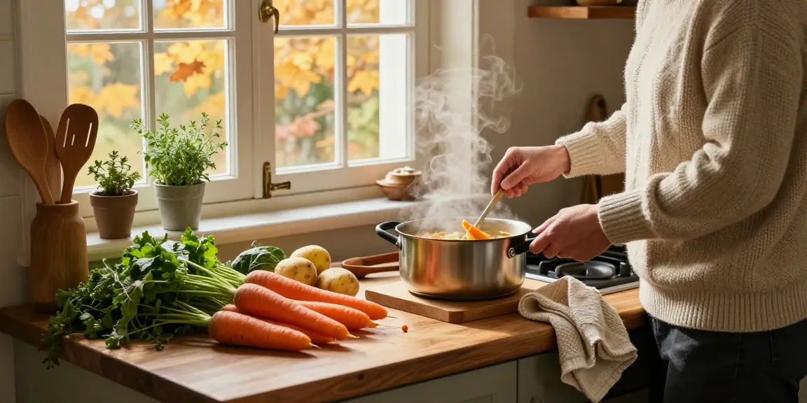 Leckere Suppenvorbereitung in einer gemütlichen Küche, die Suppe kaufen mit frischen Zutaten und warmem Ambiente fördert.