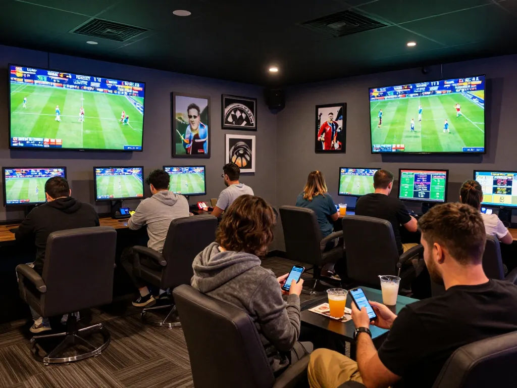 A bettors excitedly engaging with keonhacaii88 app at a lively sports betting lounge.