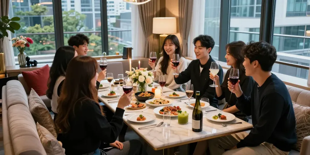 강남구구단 쩜오에서 친구들과 축하하는 사교적인 장면, 고급스러운 독립 룸의 분위기