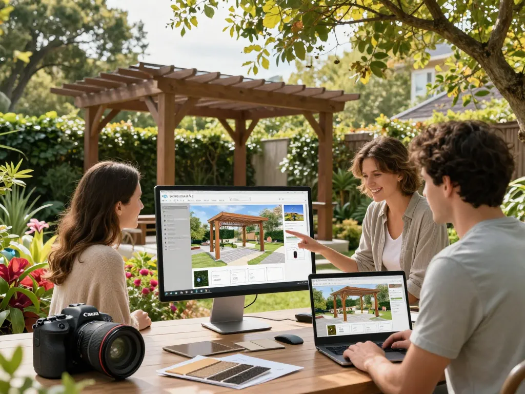 3D Pergola Configurator in action, designer engaging clients with live customization in a vibrant garden setting.