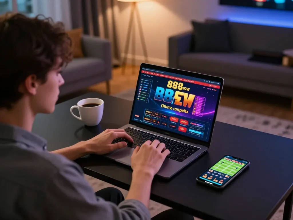 Experience online gaming at 888now: player engaged with laptop and smartphone in a cozy setting.