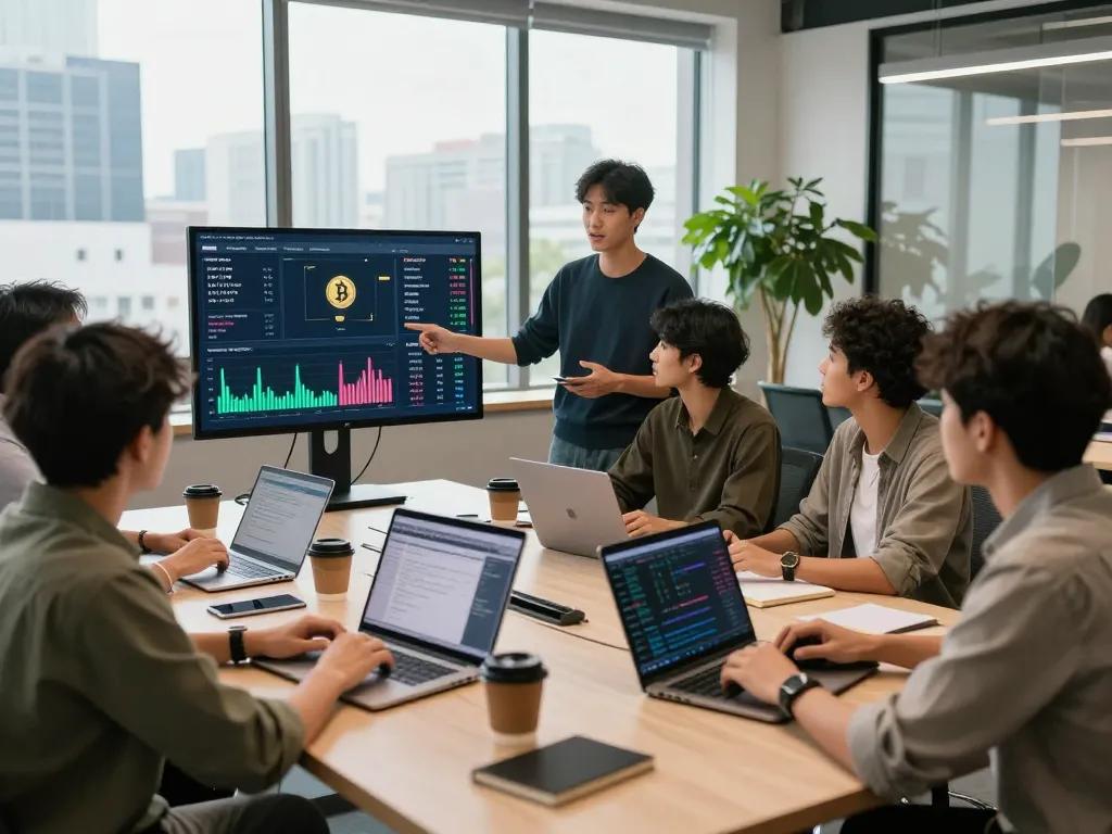 Dynamic workspace scene showcasing a crypto earning platform discussion with diverse professionals.