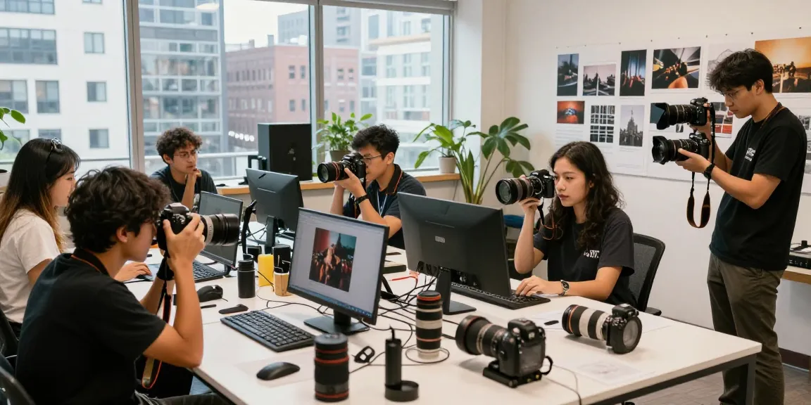 Corsi di Fotografia à Milan avec atelier pratique animé, participants apprenant à capturer des images.