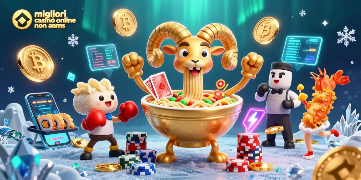 Immagine dei migliori casinò online non AAMS con un grande ramen che distribuisce carte e fiches in un'atmosfera di festa