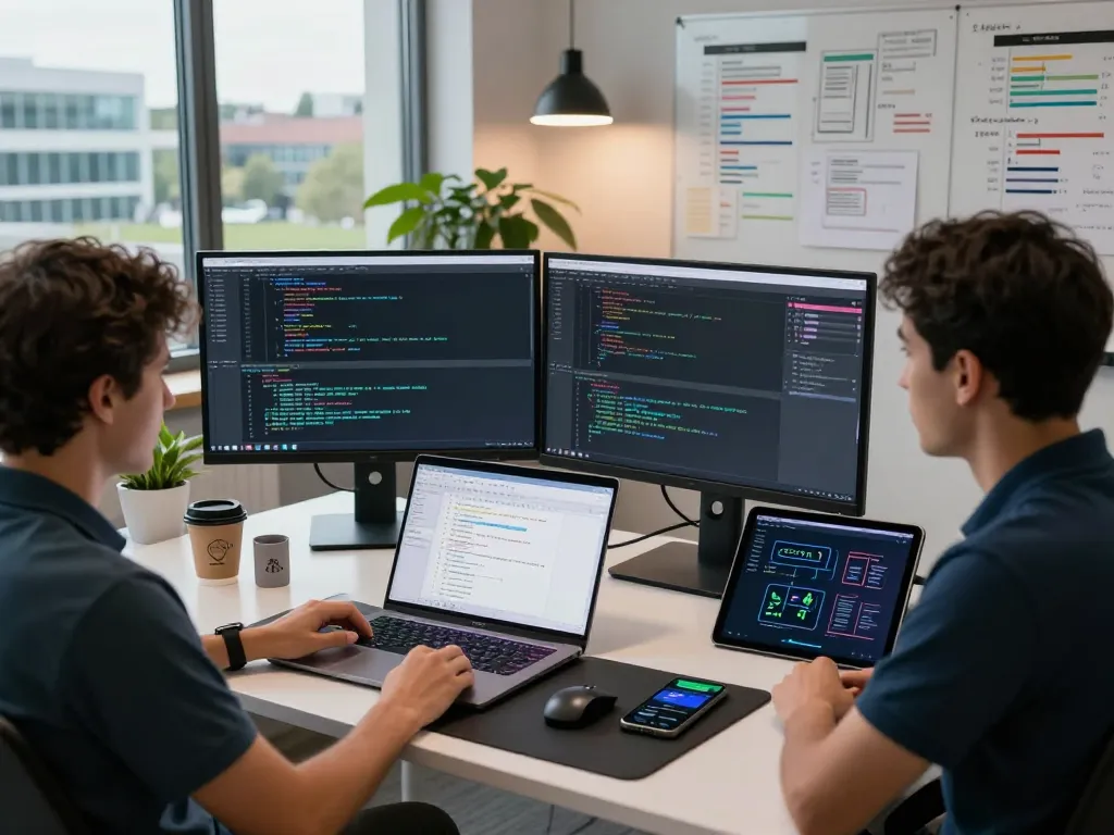 Software engineer using clawdbot in a vibrant development workspace with dual monitors and collaborative tools.