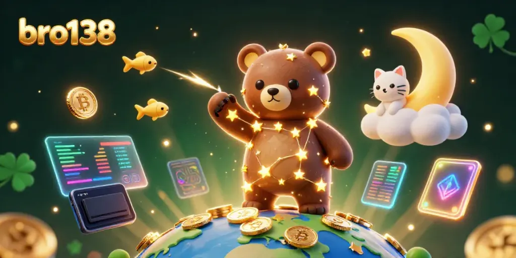 Play exciting games at bro138, where a constellation bear collects coins in a vibrant casino scene.