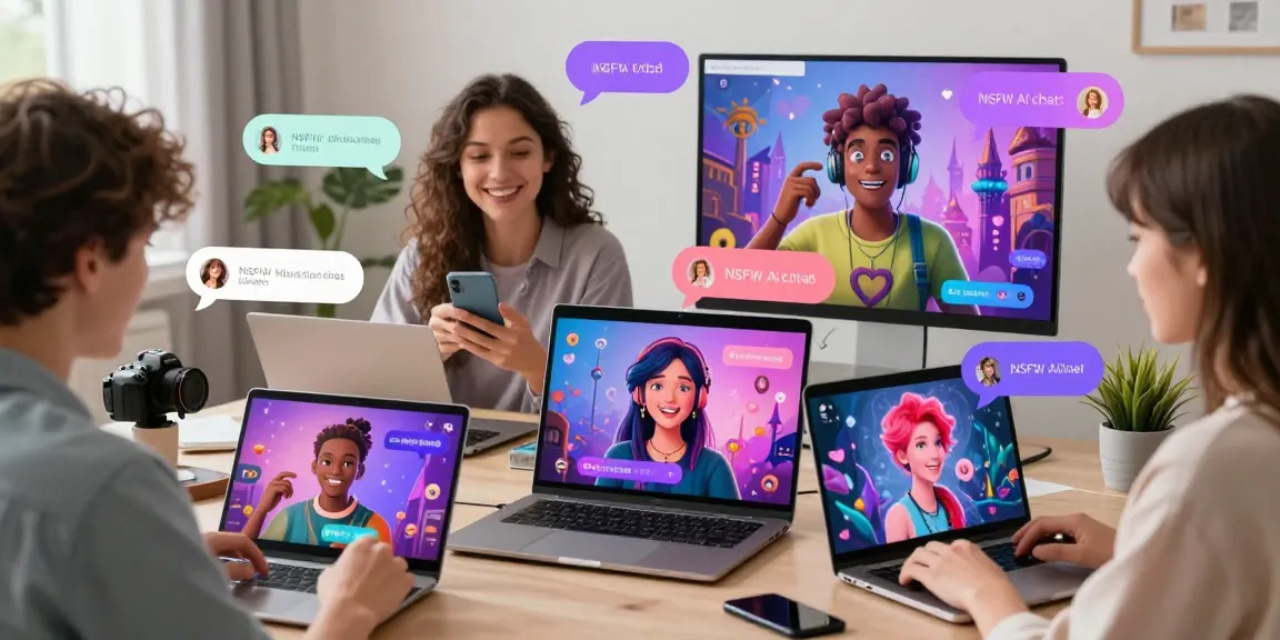 Engaging scene of users enjoying NSFW AI chat interactions on laptops and smartphones, highlighting the creative and playful atmosphere of adult conversations.